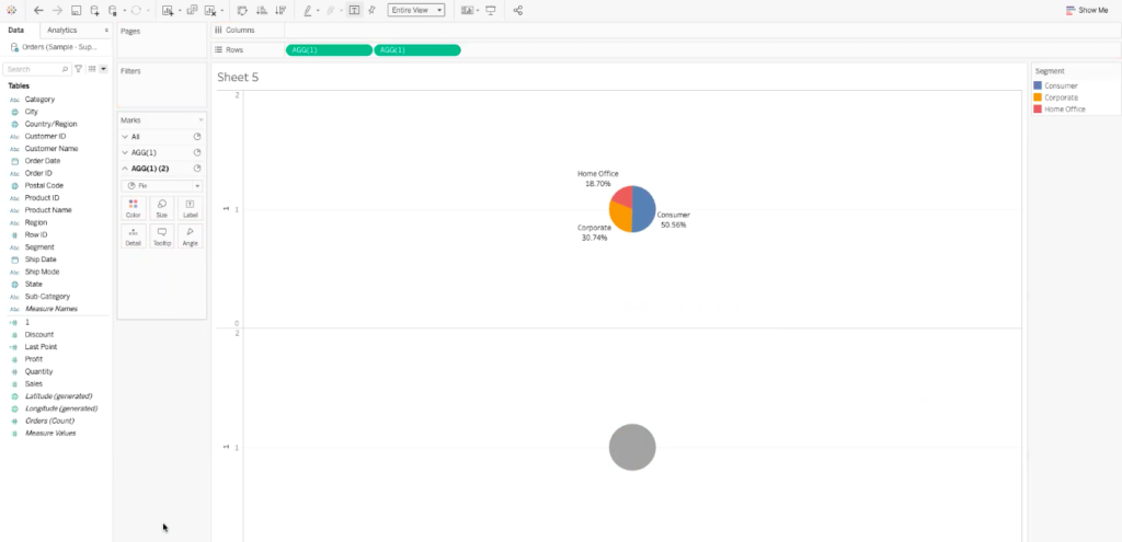 tableau dashboard with one colorful pie chart and one blank gray pie chart