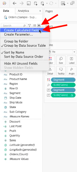 two arrows pointing to the drop down menu of tableau and the create calculated fields selection