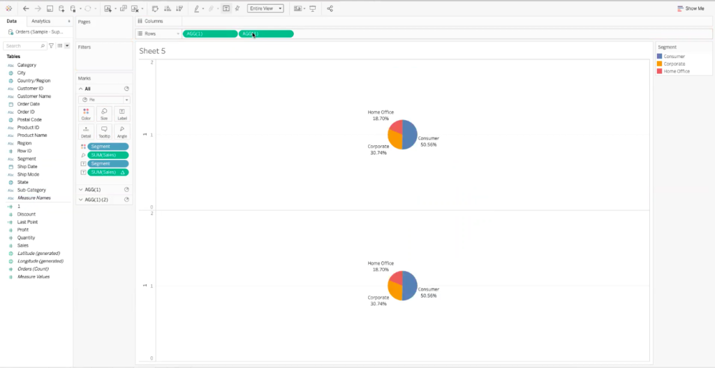 tableau dashboard with two identical pie charts on two different axis