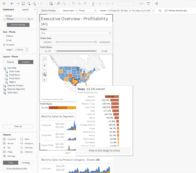 tableau hover state showing detailed information about U.S. states