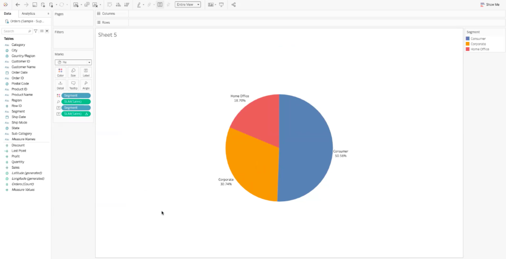 pie chart in tableau showing the percentage of sum of sales