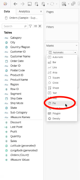 tableau "marks" menu with pie chart option circled
