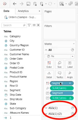 tableau marks menu showing individual marks menus for two individual pie charts