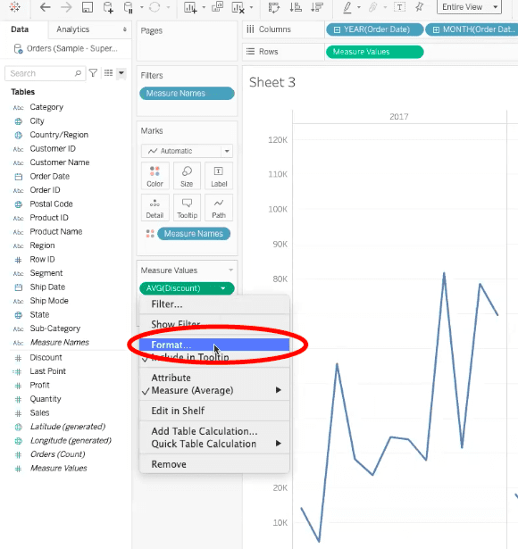 circle showing average discount measure value format options