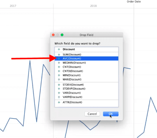 arrow pointing to average discount data field in dialogue box in tableau dashboard