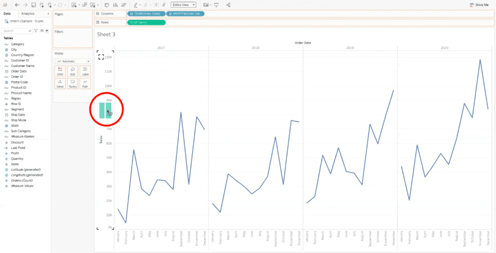 circle highlighting cursor showing two small bar graph rows in tableau dashboard