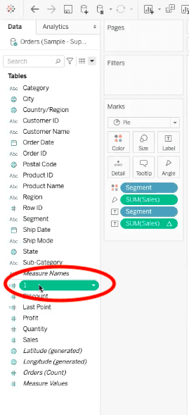 tables menu in tableau showing new calculated field "1"