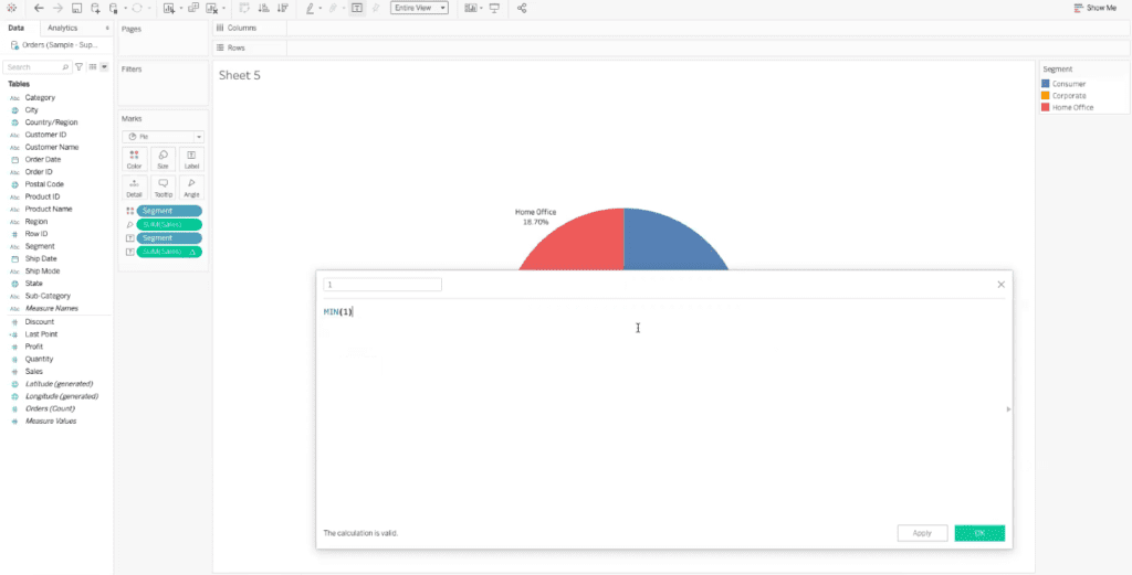 calculated fields dialogue box showing calculation of min(1)