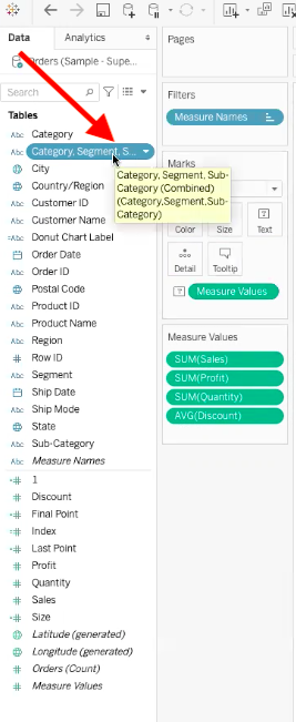 arrow showing new combined field of category, sub-category, and segment in dimensions data field menu
