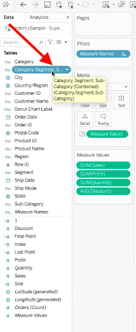 arrow showing new combined field of category, sub-category, and segment in dimensions data field menu