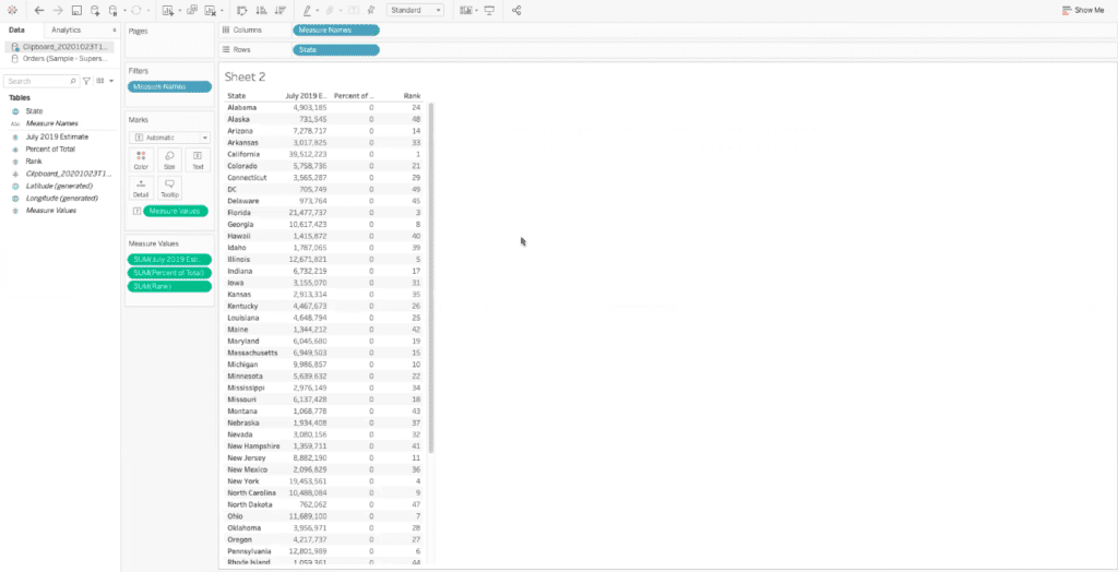 U.S. state population data pasted into tableau from an online source