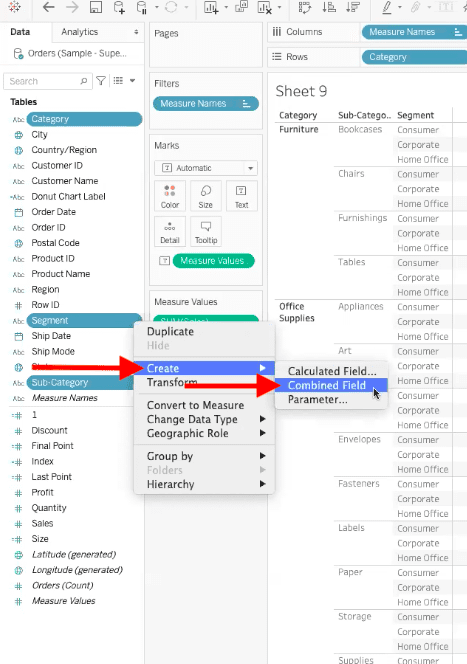 arrow showing options for creating a combined field in tableau