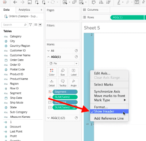 arrow showing option to show header in dual axis dashboard in tableau