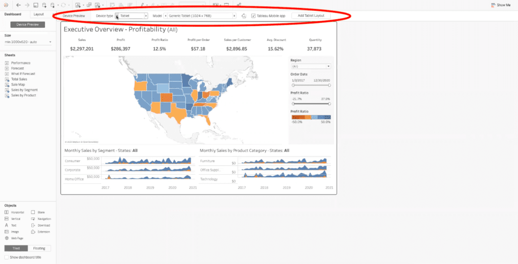 device specific dashboard selection menu in tableau