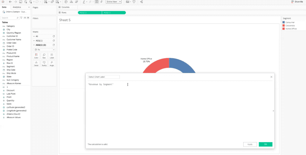 calculated field box with donut chart label revenue by segment