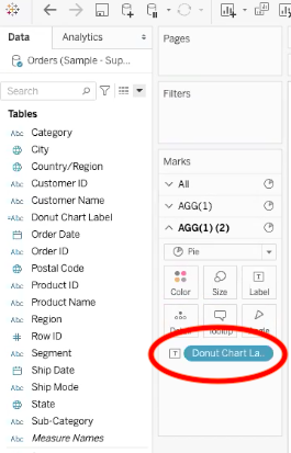 donut chart label in the label element of a pie chart in tableau