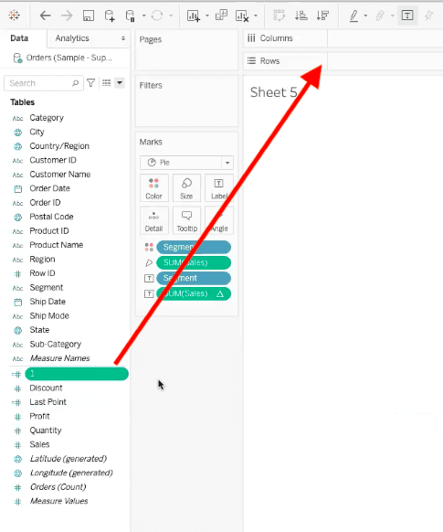 arrow highlighting path to drag calculated field "1" to "rows" bar in tableau