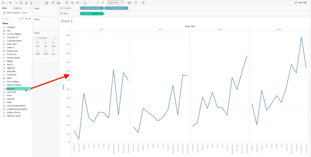 arrow highlighting path to drag discount data field to side of axis in tableau dashboard