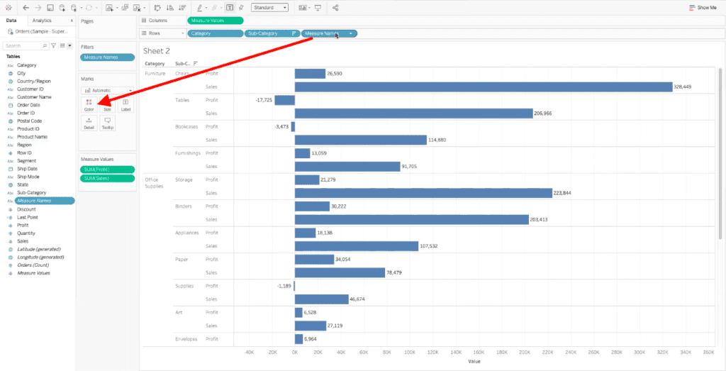 arrow highlighting path to drag measure name data field into color element in tableau dashboard