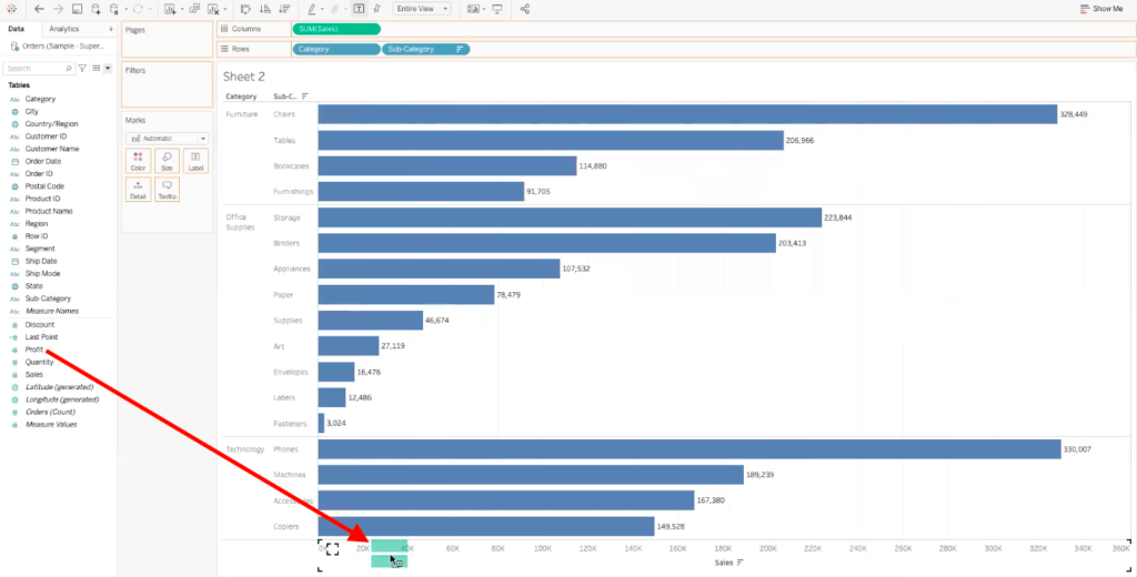 arrow highlighting path to click and drag sum of profit data field to bottom of tableau dashboard