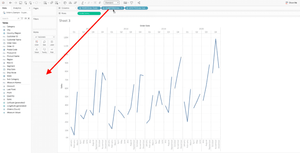 arrow highlighting path to drag quarter order date sales data out of columns bar in tableau dashboard