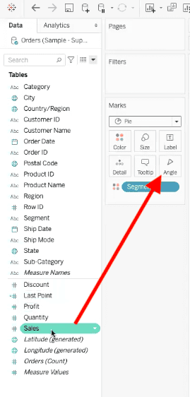 arrow highlighting path to drag sum of sales to angle element in pie chart