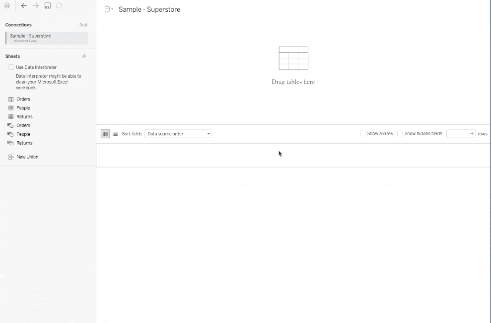 tableau dashboard displaying click and drag data file