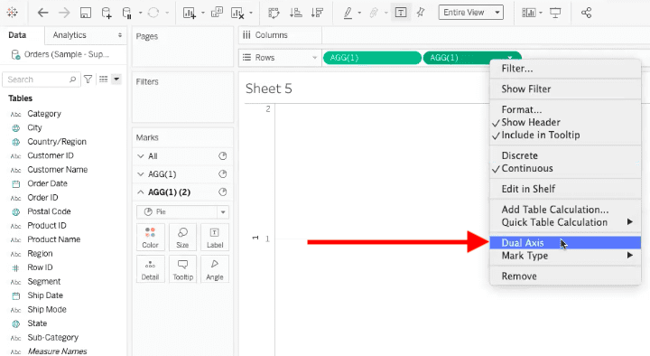 arrow pointing to dual axis dashboard view selection in drop down menu from calculated field 1