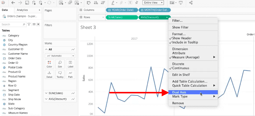 arrow showing dual axis option in average discount data field options