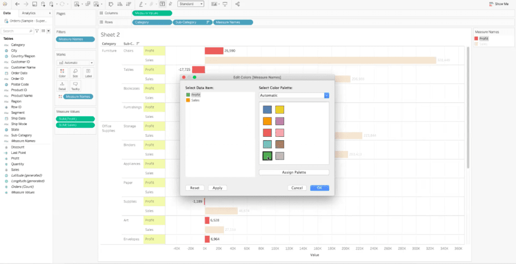 dialogue box showing color options for measure name data fields in shared axis tableau dashboard