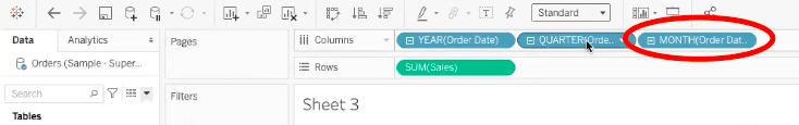 circle showing month order date data field in tableau dashboard