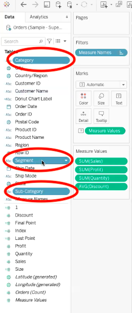 circles showing category, sub-category, and segment data fields in the data menu