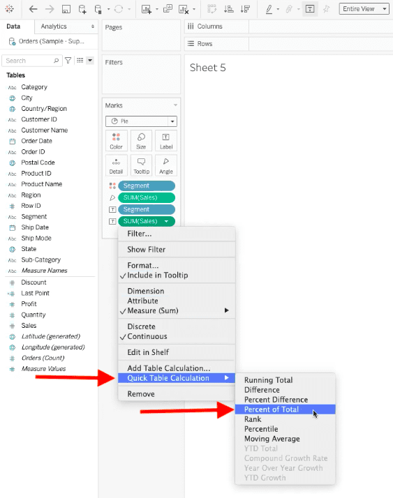 tableau sub-menus with quick table calculation and percent of total highlighted