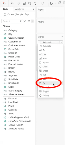 tableau "marks" menu with pie chart option circled