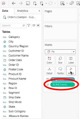 sum of sales field represented in angle element of pie chart