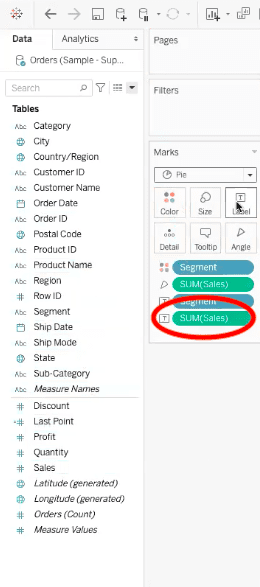 sales field shown in label element of pie chart in tableau