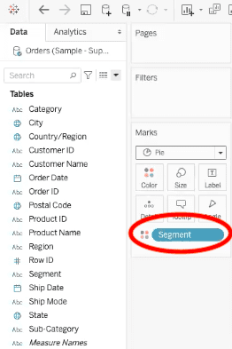 segment field notated as color element of a pie chart in tableau