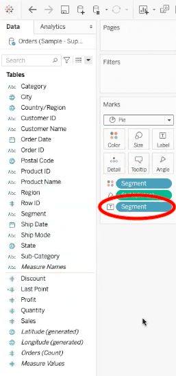 segment field shown in label element of pie chart in tableau