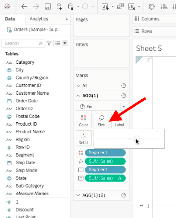 arrow pointing to the size element of a pie chart in tableau