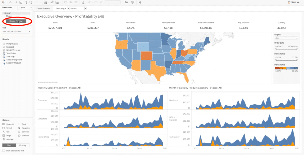 tableau device preview button