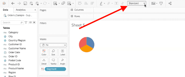 arrow pointing to drop-down menu that changes tableau dashboard view of a chart