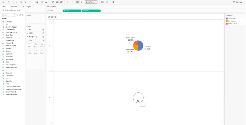 white pie chart in tableau shows a black outline around it when a cursor hovers over it