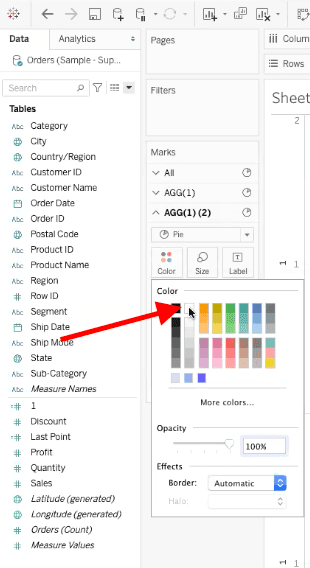 arrow pointing to white colored box in the color element menu for a pie chart