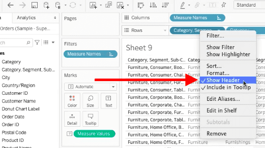 arrow showing the selected show header option in the combined fields dimension options menu