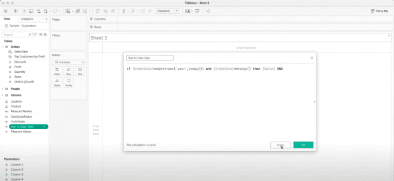 Tableau dashboard with "Year to Date Sale" pop-up.