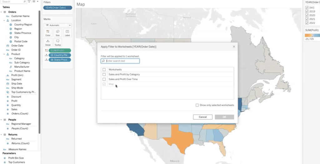 Tableau dashboard selecting filters