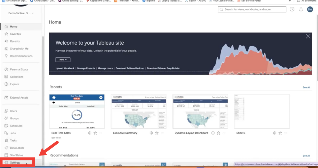 Tableau Pulse dashboard. Arrow pointing to "Settings" in the bottom left column.