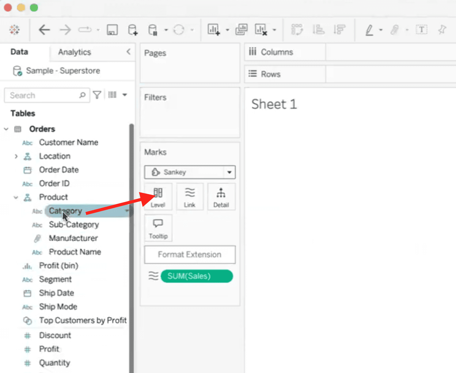Drag Category onto the level tile in the Sankey panel