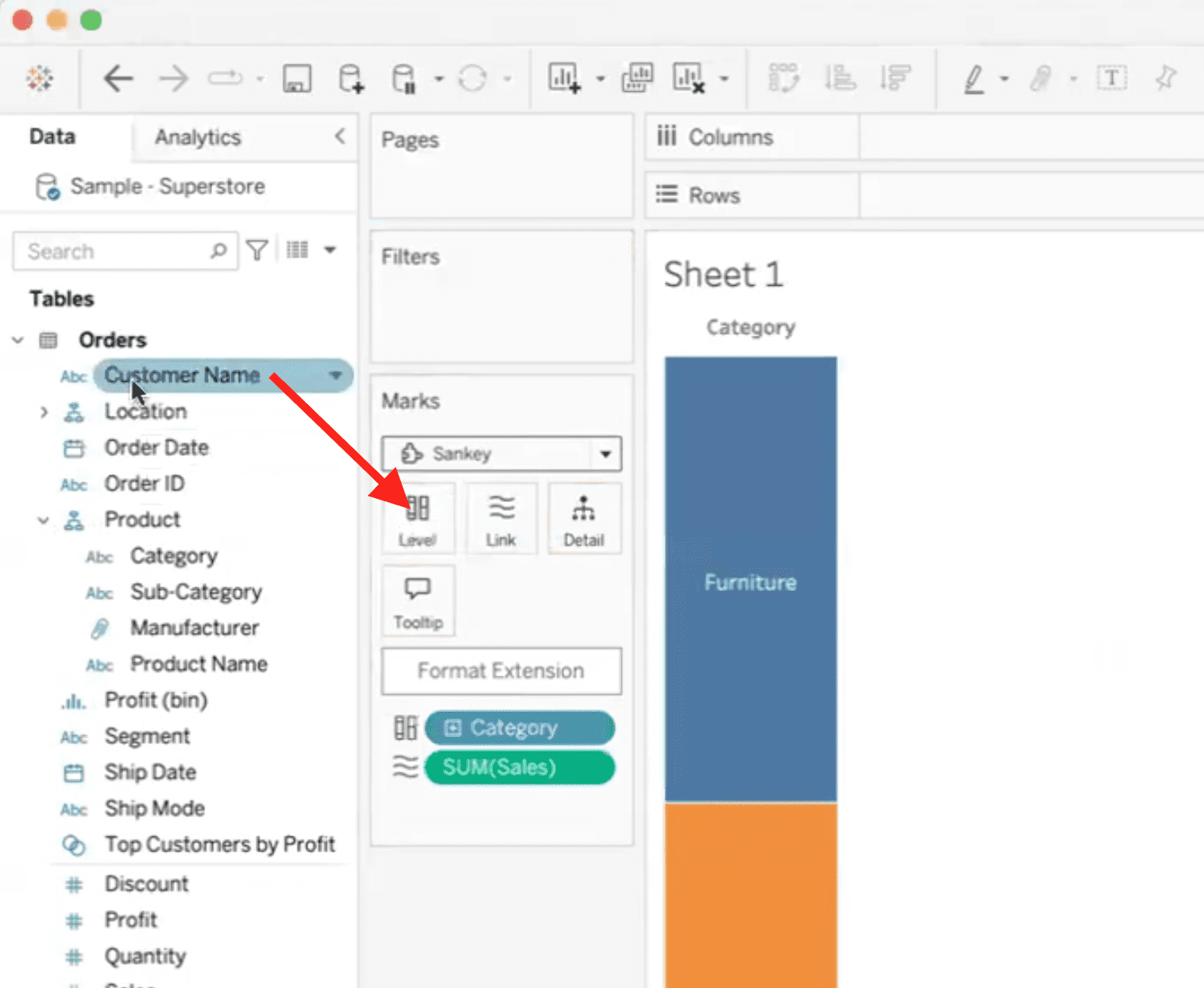 Drag Customer Name onto the level tile in the Sankey panel.