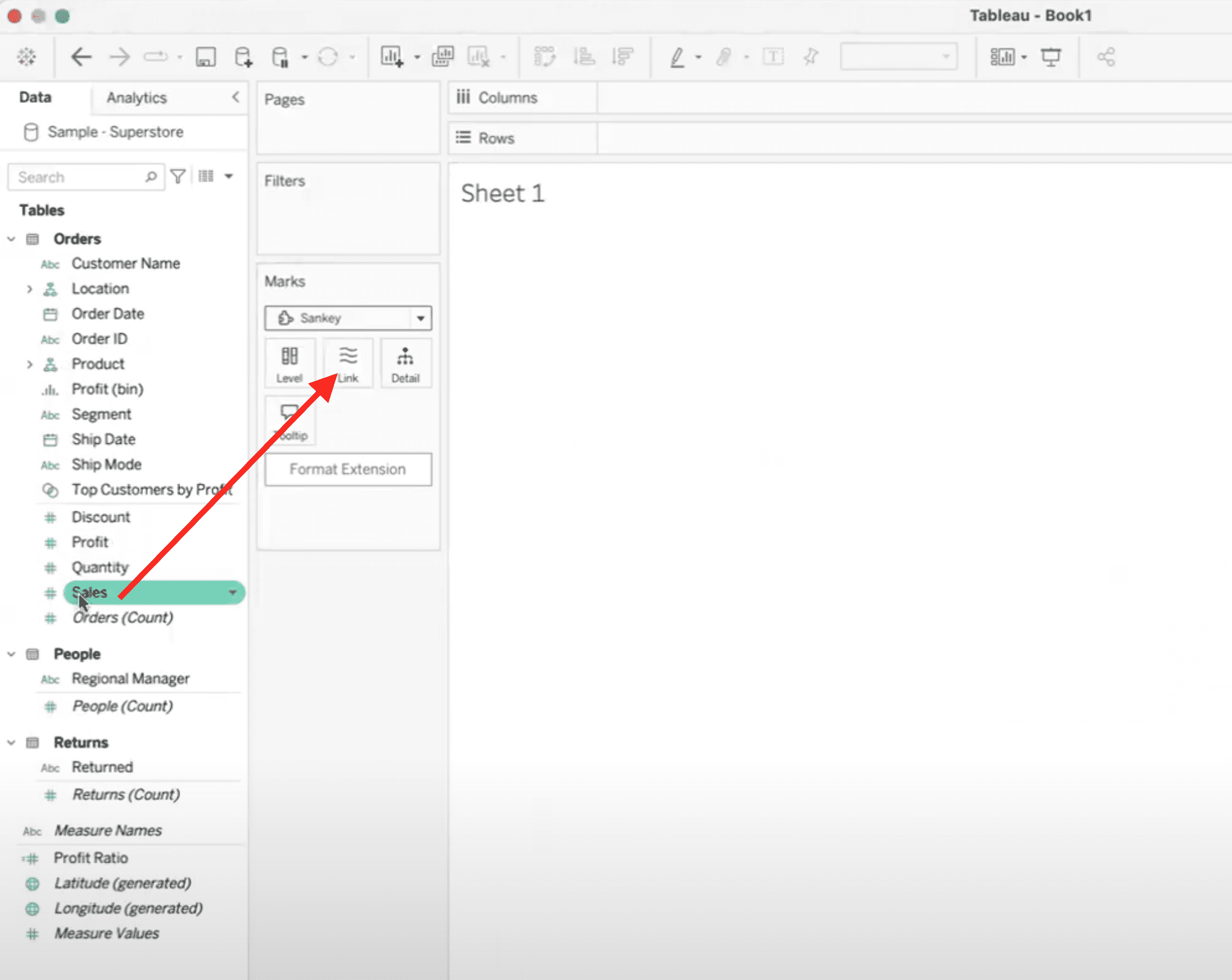 Drag the sales metric on top of the Link button in the Sankey panel.